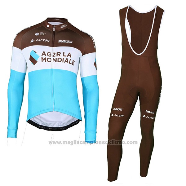 2018 Abbigliamento Ciclismo Ag2r La Mondiale Marrone Blu Manica Lunga e Salopette